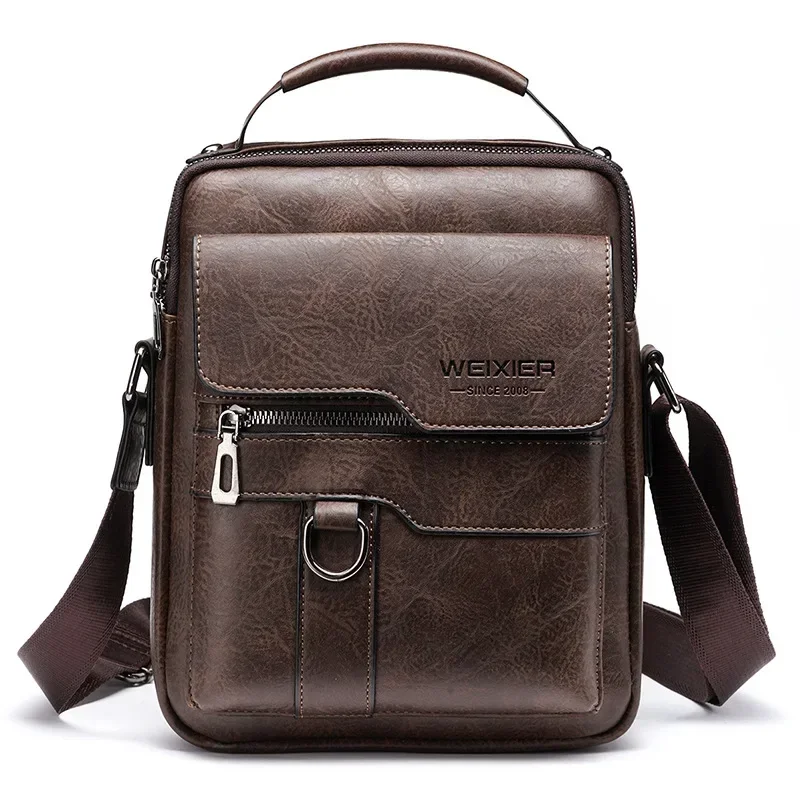 Vintage PU Leather Men Crossbody Bag, Multi Pocket Shoulder Handbag Zipper Design Business Travel Messenger Bag for Daily Use