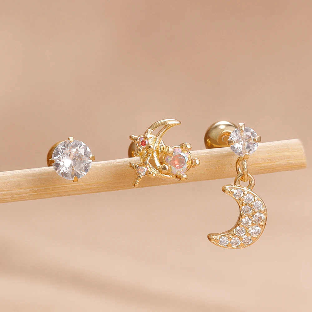 رائعة ريترو القمر الفولاذ المقاوم للصدأ الزركون الأذن وأقراط مجموعة للنساء موضة الكورية 14K مطلية بالذهب القرط مجوهرات
