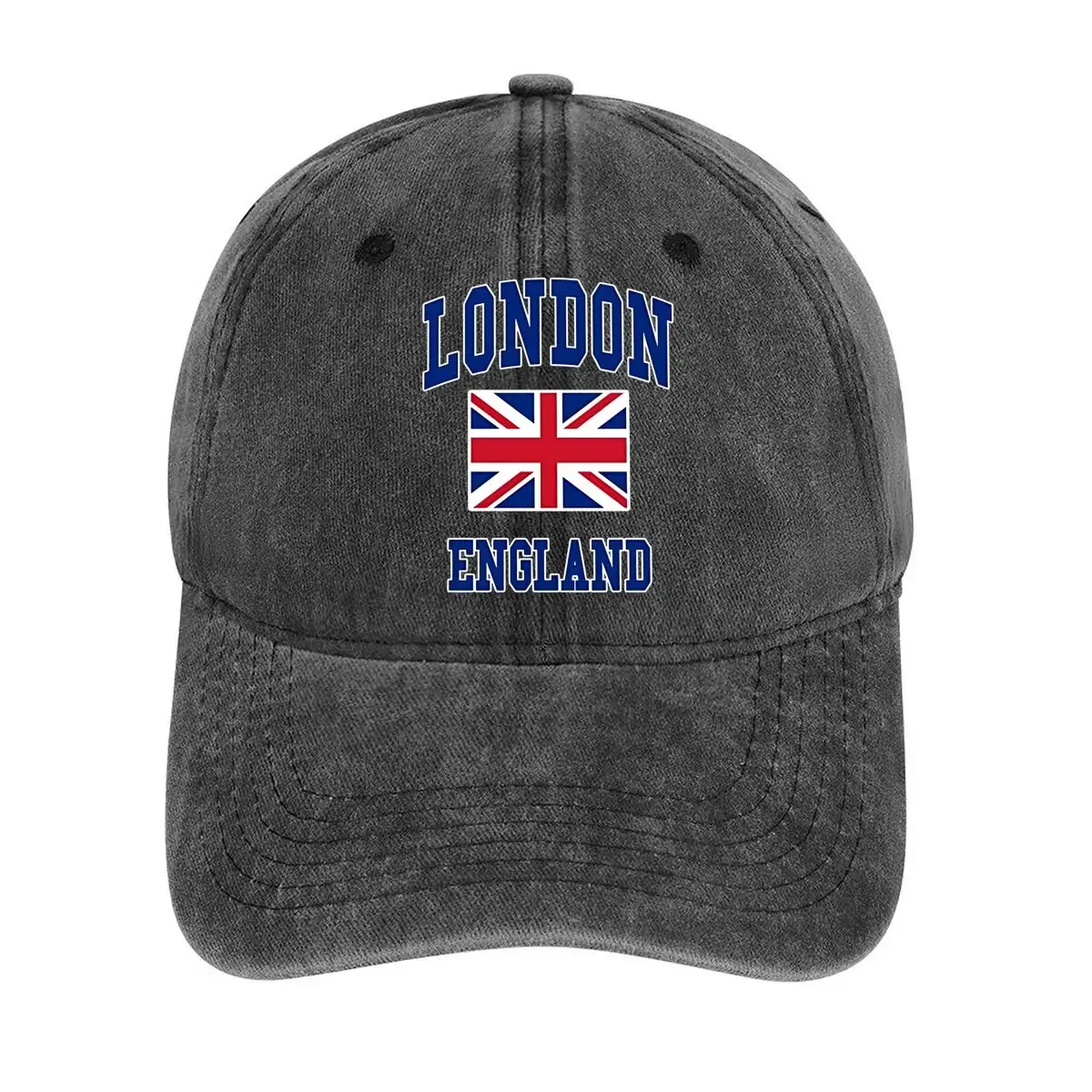 

London England design with Union Jack flag and bold text national and location related Washed Baseball Cap