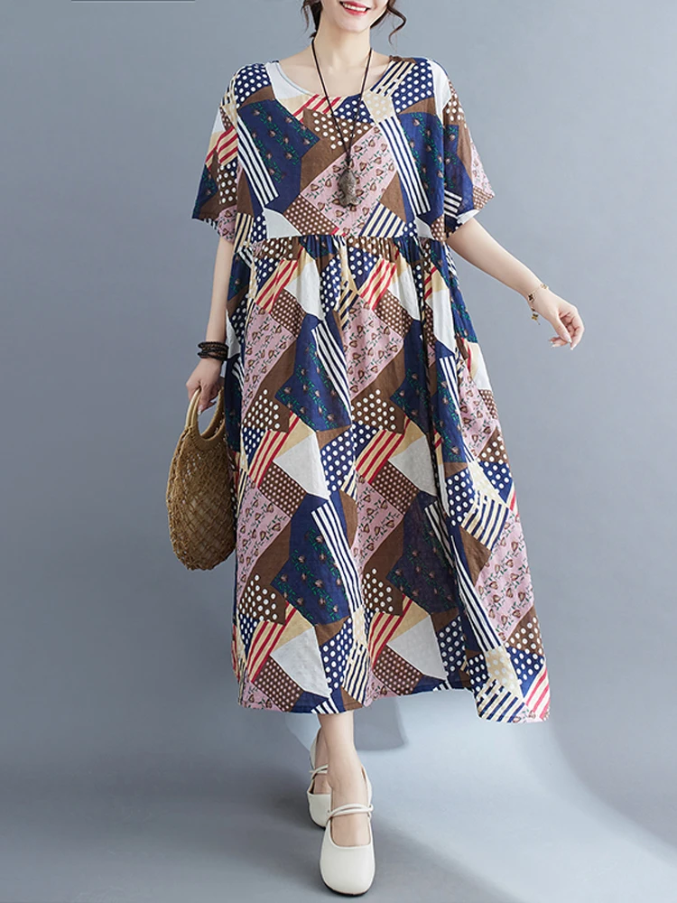 

NYFS 2023 Summer New Vintage Woman Dress Vestidos Robe Ete Femme Elbise Loose Cotton Linen Print Long Dress