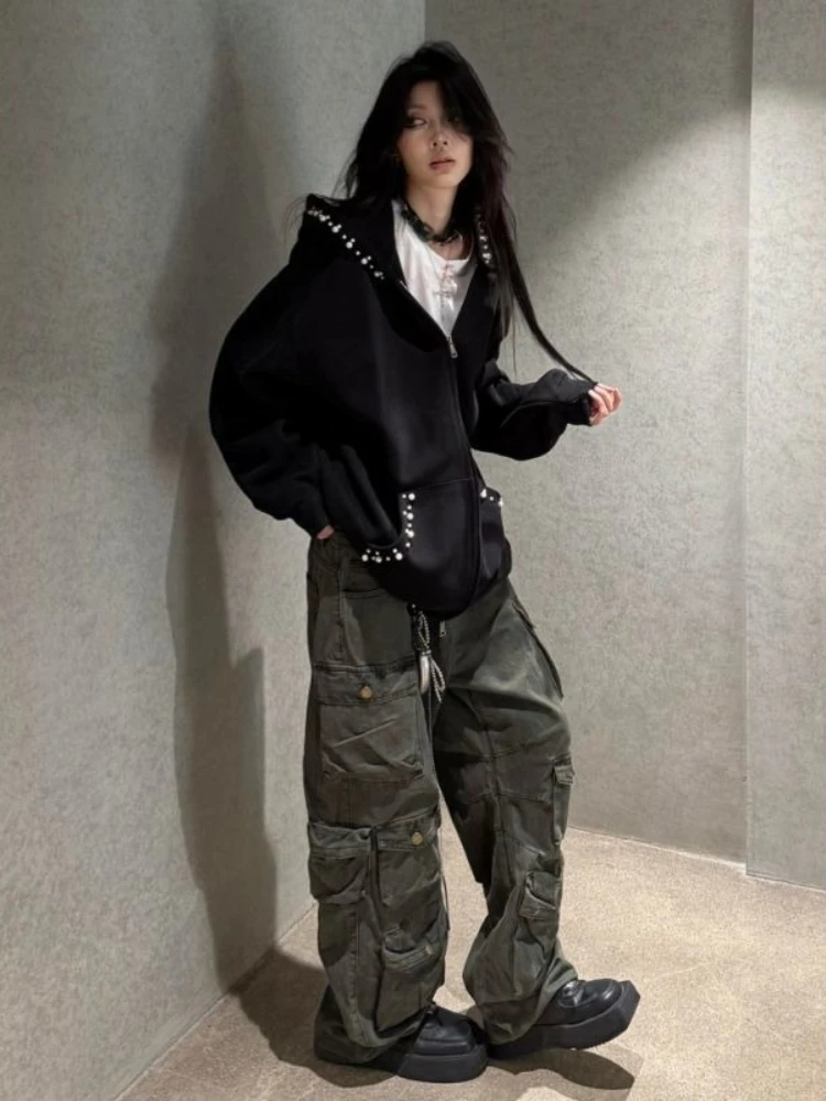 

Американская винтажная верхняя одежда на молнии с буквенным узором и длинными рукавами, однотонная модная карманная субкультура с капюшоном, осень 2023 г.