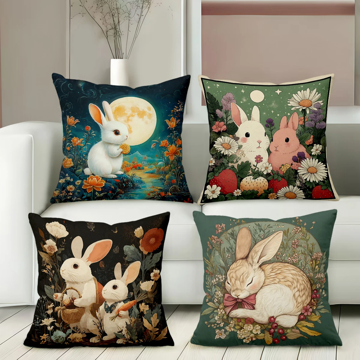 Vintage Cottagecore Rabbit Floral Throw Pillow Covers Pattern Cushion Cover Suitable for Sofa Bedroom Car Pillow Cover