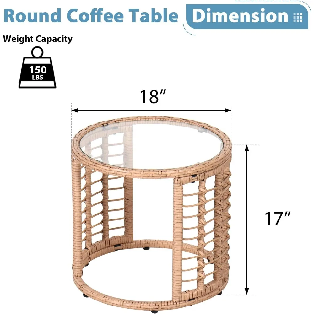Outdoor Wicker Side Table, All-Weather Patio Rattan End Table with Glass Top, Round Coffee Table for Indoor Outdoor