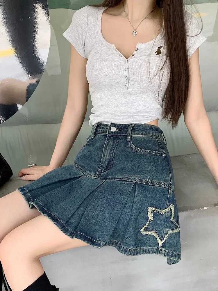 Pleated Denim Mini Skirt Female Korean Fashion High Waist Slim A-line Skirts Vintage All Match Star Short Skirts Women's Clothes