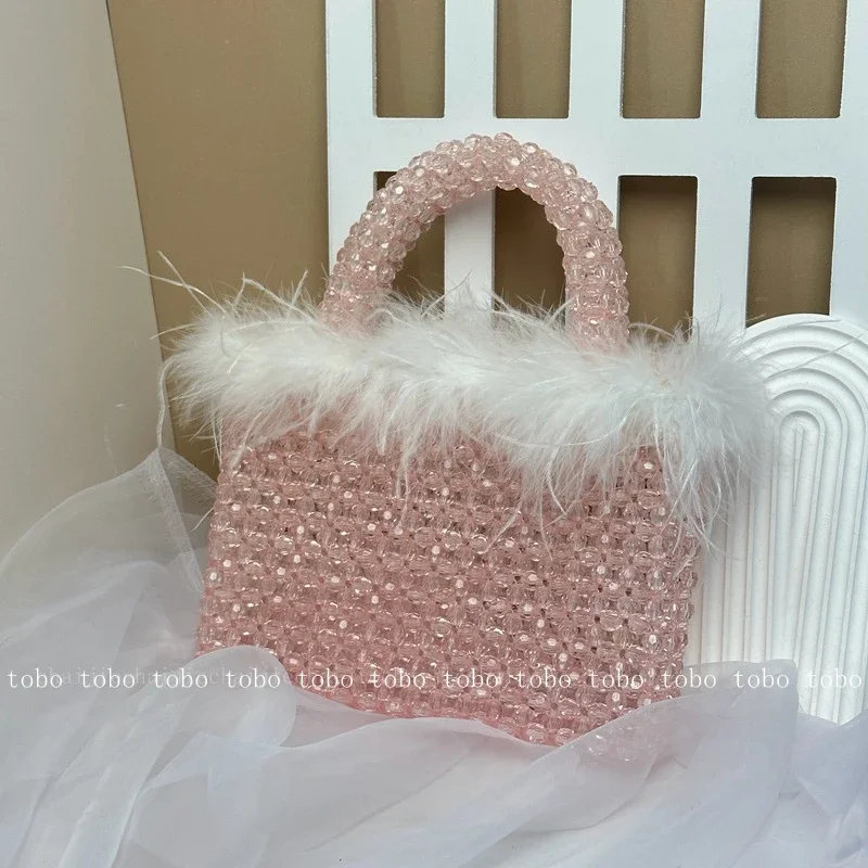 Elegant Handmade Vintage Pink Beaded Woven Tote Handbags Original Ladies Unique Evening Party Designer Feathers Bags