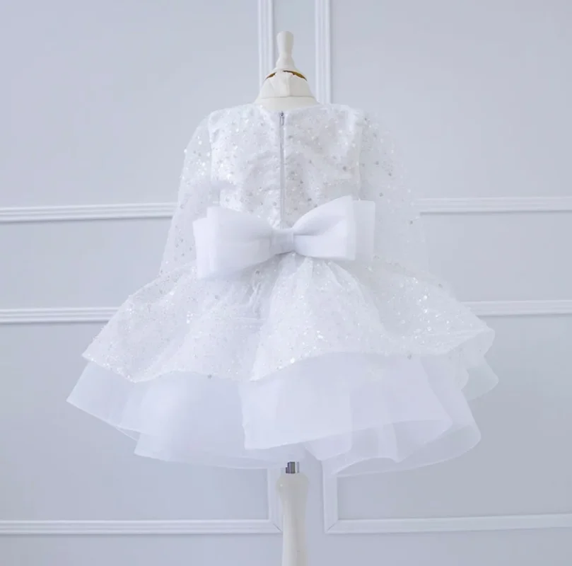

White Sequined Baby Girls Dress with Big Bow Kids Birthday Gown Flower Girl Dress Little Princess Tutu Gown Vestidos Dress
