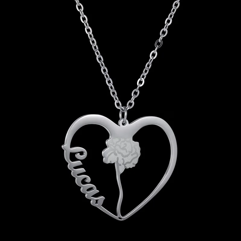 365 nome personalizado forma de coração nome colar de aço inoxidável personalizado gravado flor encantador pingente para mulheres meninas jóias