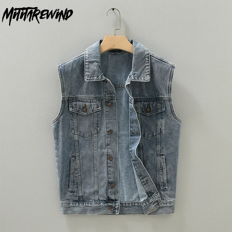 

Korean Fashion Short Denim Vests for Men Casual Working Vest Lapel Sleeveless Blue Denim Jackets Man Spring Fall Waistcoat Youth