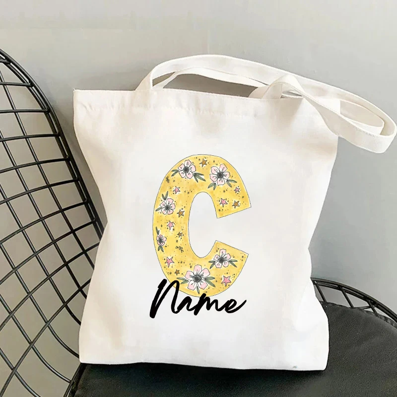 Flower Initials A-Z Personalized Name Tote Bag Organizer Travel Storage Shoulder Bag Handbag Reusable Shopping Bags Custom Gifts