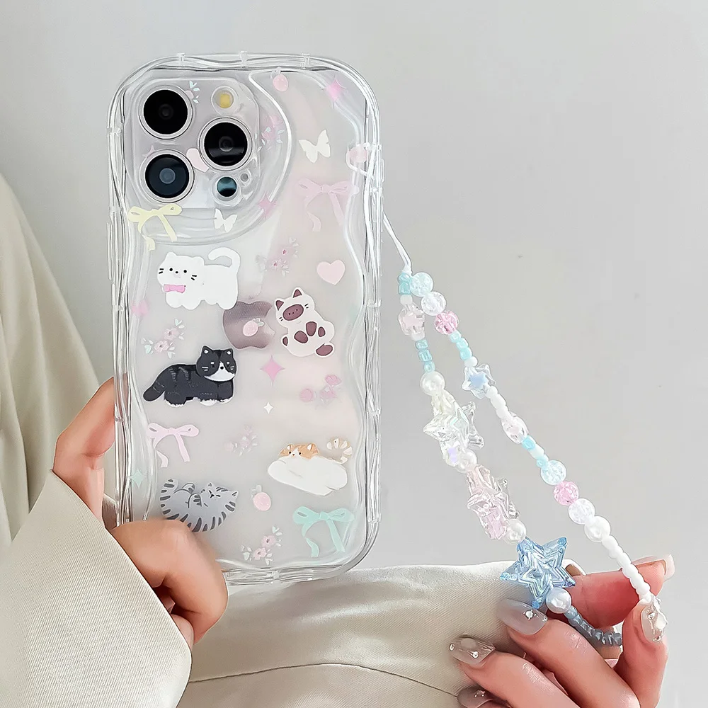 Wrist Chain Phone Case For iPhone 15 14 13 12 11 Pro Max 6 7 8 Plus XS Max XR Cute Cat Star Bead Bracelet Strap Lanyard Cover