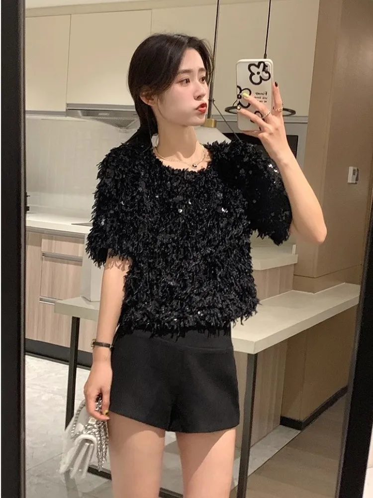 High Street New Summer Women t-shirt manica corta vestibilitร ampia Casual o-collo Top corto lucido con paillettes nappa t-shirt moda donna