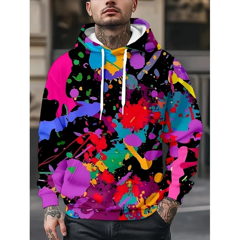 Men Black Base Colorful Paint Splash Graffiti Print Drawstring Hoodie With Pocket