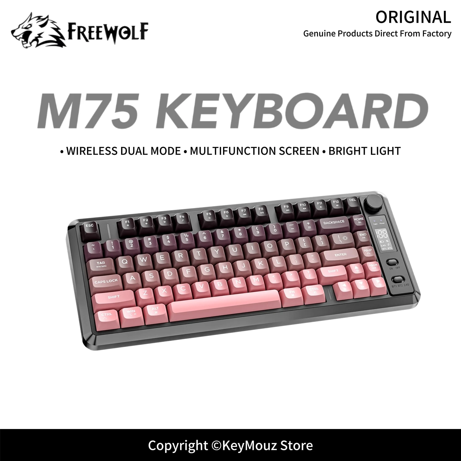 M75 FREEWOLF Bluetooth Wireless Dual Mode Keyboard with Smart Screen Volume Knob PBT Ball Keycaps for PC Laptop