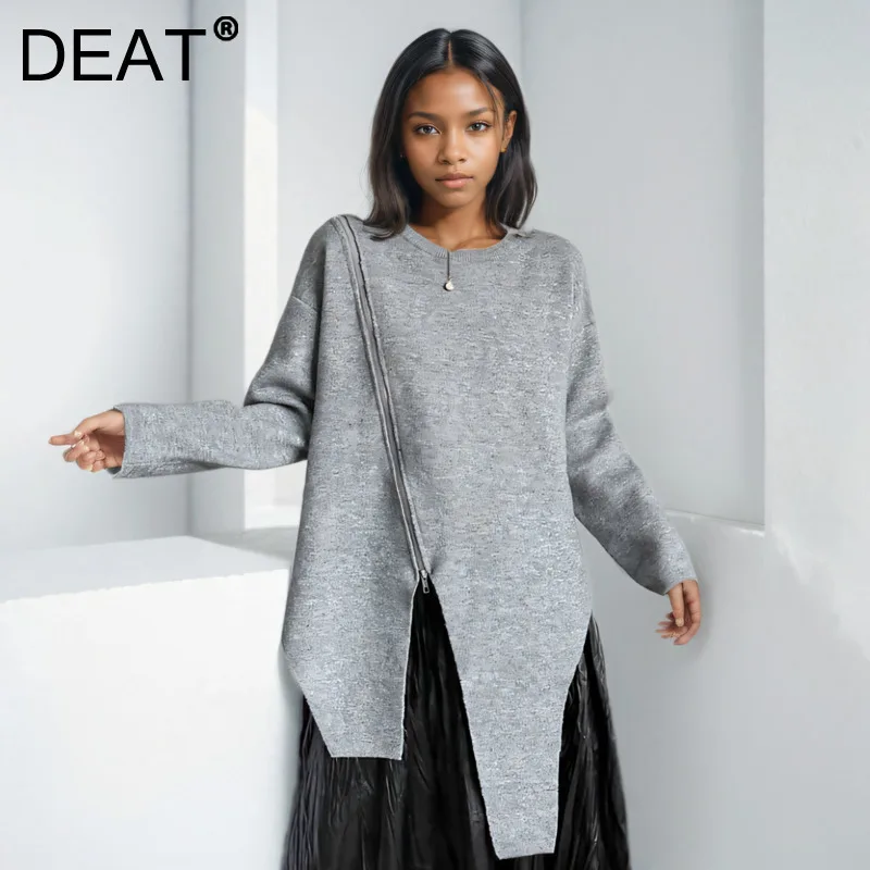 DEAT Irregular Gray Zipper Big Size Knitting Sweater O-neck Long Sleeve Women Pullovers New Fashion Tide Spring 2025 1DH7267