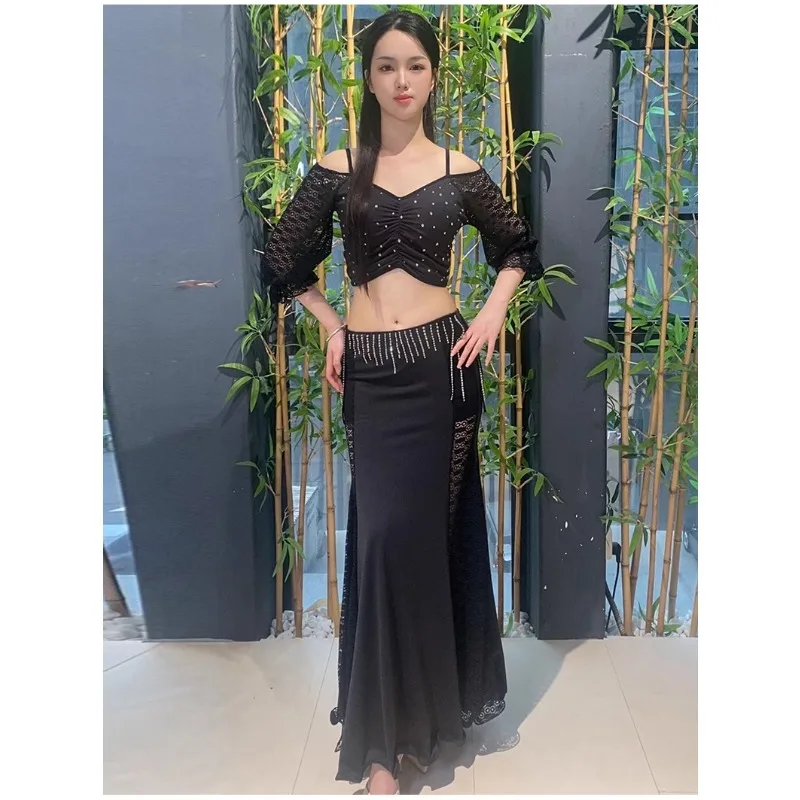 تخصيص ممارسة الرقص الشرقي الزي المرأة الدانتيل الأبيض منتصف الأكمام الخامس الرقبة حجر الراين أعلى الورك ملفوفة ذيل السمكة تنورة طويلة مجموعة