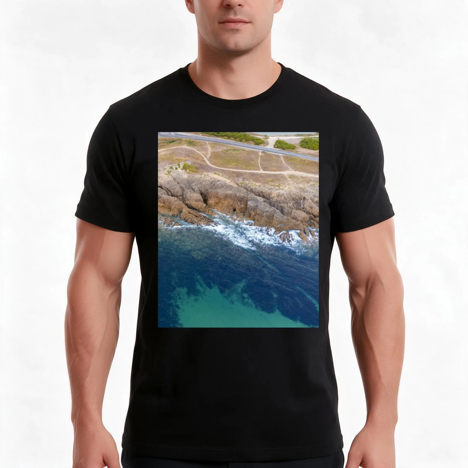 Aerial view of the C?te Sauvage coast T-Shirt, Summer Casual Cotton Tee, Oversized Streetwear Tops, Vintage Graphic Print