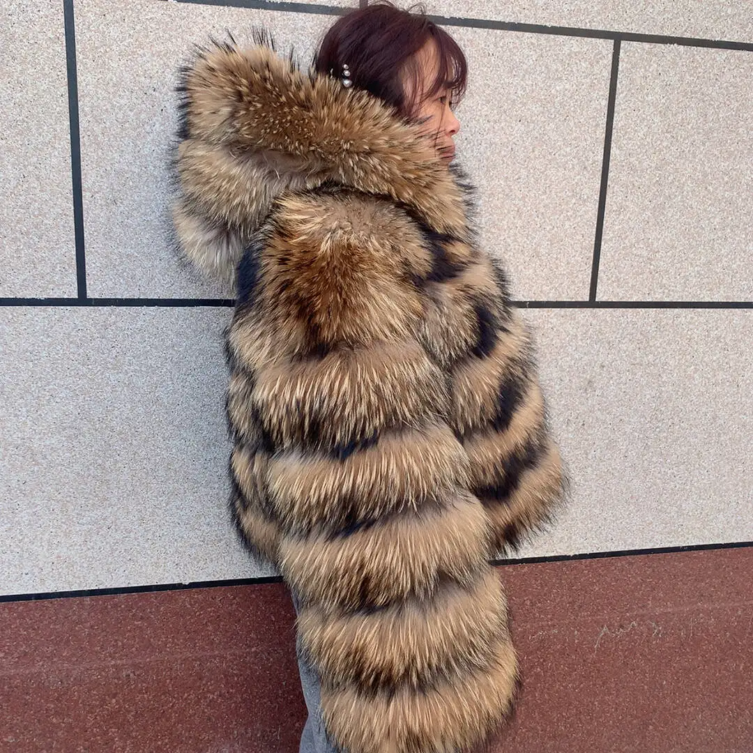 Women's Real Raccoon Hooded Fur Coat and Natural Real Fox Fur Hooded Coat, Winter Warm Coat, Fashionable and Fluffy