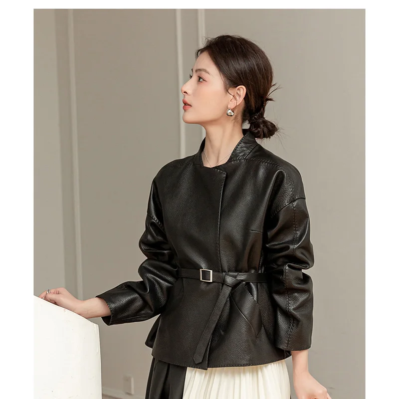 Women Clothing Elegant Female Genuine Leather Coat Round Neck Pleated Belt  Jackets Streetwear Black Office Lady