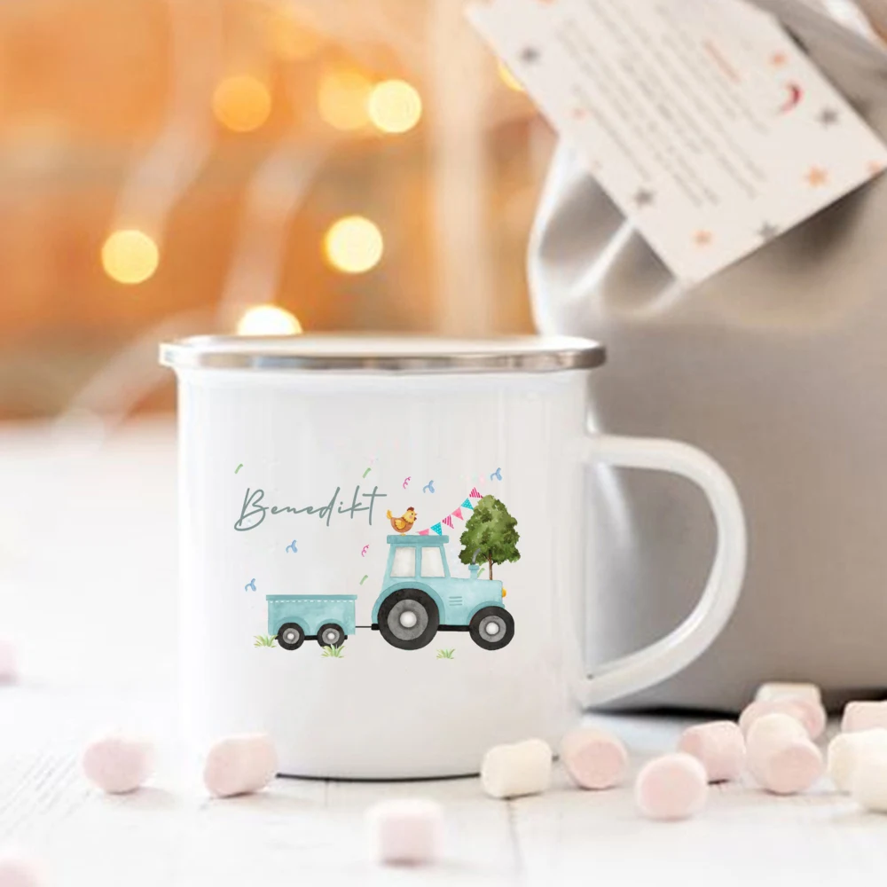 Enamel Cup Personalized with Name Tractor Tractor Farm Animals Kid Cup Baby Gift Children's Camping Mug Stocking Stuffer
