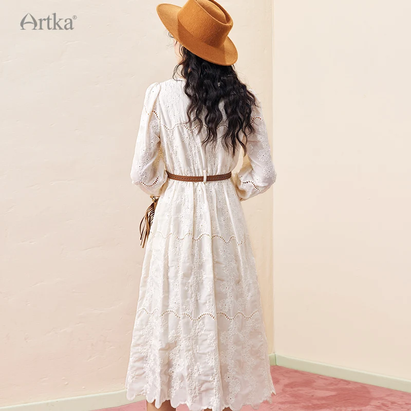 ARTKA 2023 Autumn New Women Dress Elegant Lace Embroidery Square Neck Dresses Long Sleeve White Midi Dress With Belt LA92530Q