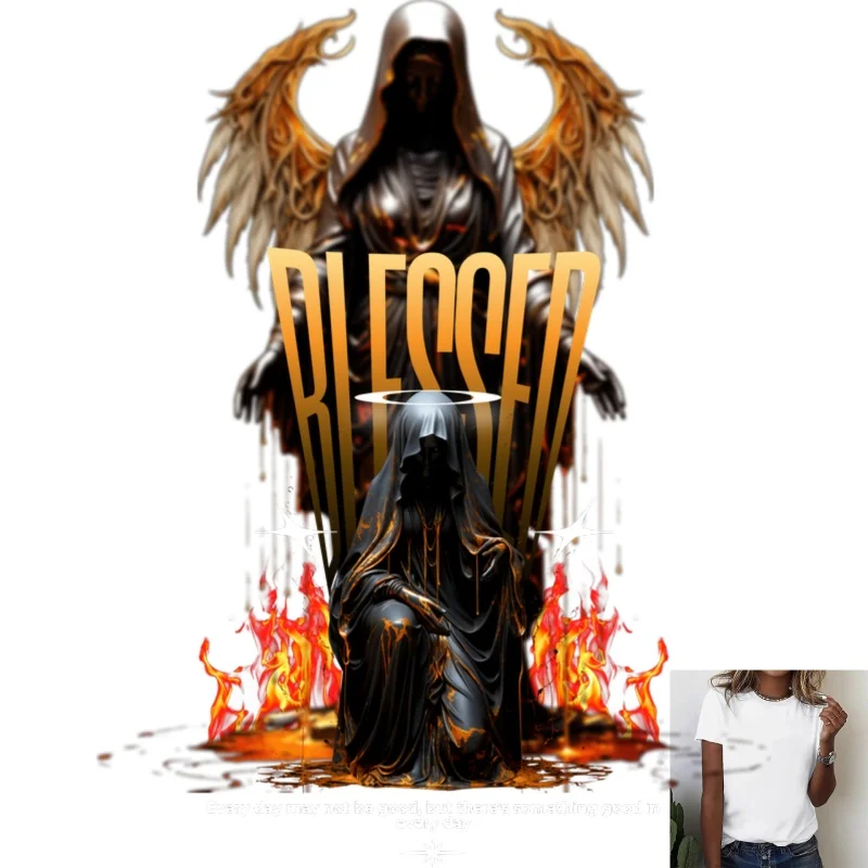 Gothic Gothic Religious Figure with Wings & Fire + 'BLESSED' Print Heat Transfer White Ink Iron - on Design, Suitable for T - Shirts, - Aliexpress Deal