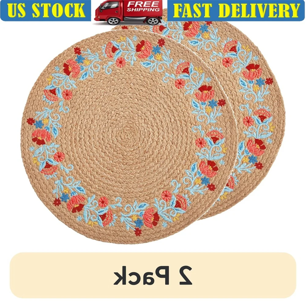 

2 Pack Sweet Rose Jute Round Placemat Rustic Embroidered Dining Table Decor 15 Inch Diameter Multicolor Country Chic Home