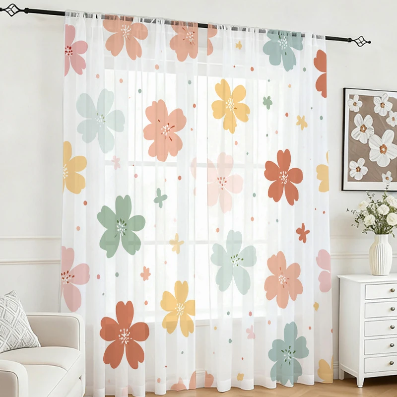 2PCS Digital Printing Sheer Curtain, Colorful Four Leaf Clover Flowers Pattern, Fresh Cute Lucky Spring Pastoral Bedroom Decor