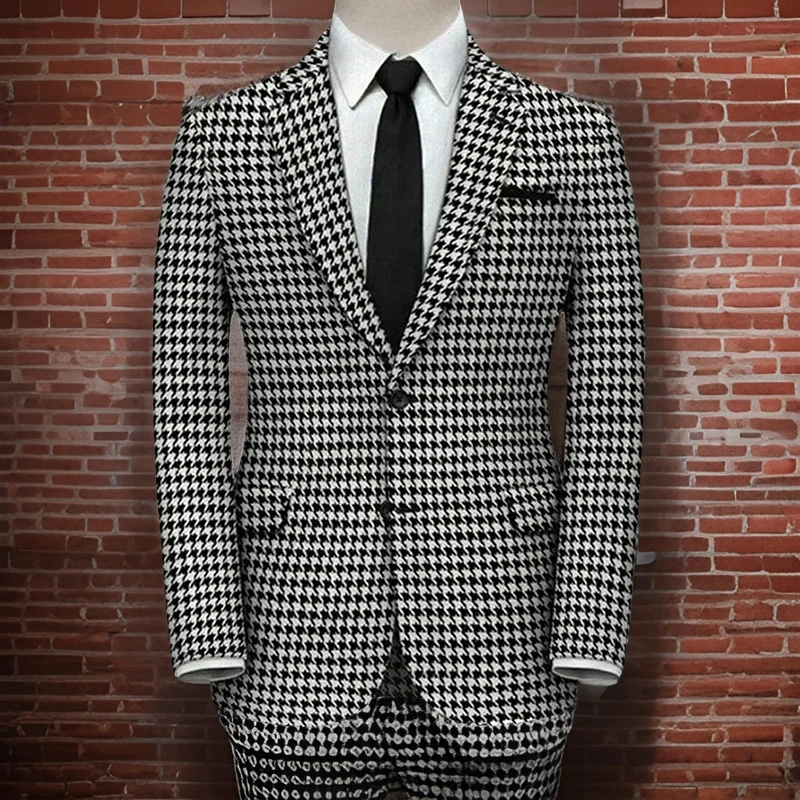 Plaid Blazer for Men 1 PCS Suit Jacket with Side Slit Slim Fit Houndstooth Checked Casual Coat 2024