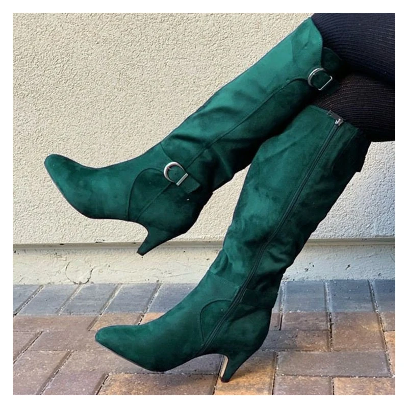 2025 winter women's boots pointed toe stilettos motorcycle rider boots  velvet mid-tube cotton boots