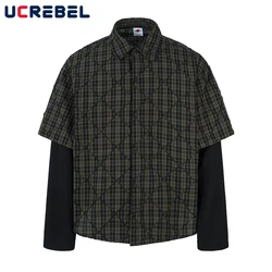 Plaid Spliced Fake Two Pieces Shirts Mens High Street Spring Loose Single Breasted Long Sleeve Lapel Shirts Shirts Men