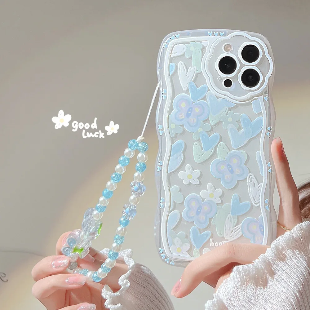 Colored Cartoon Blue Love Butterfly Strap Phone Case For iphone 14 13 12 11 ProMax X XR XSMAX 7 8Plus TPU Transparent Case Cover