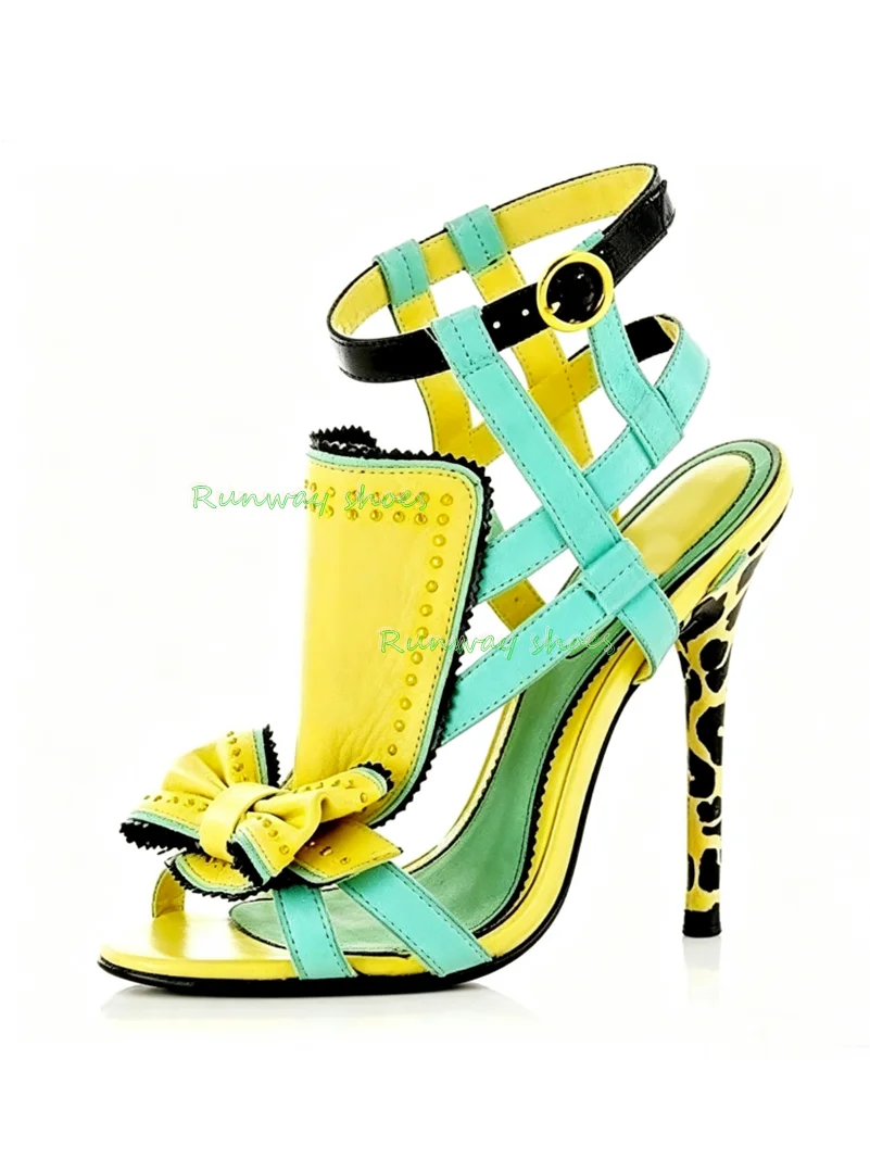 Leopard Print Splicing Open Toes Stilettos Women's Sandals Bow Buckle Color Blocking Rose Red Heels Sexy Luxury Women's Shoes