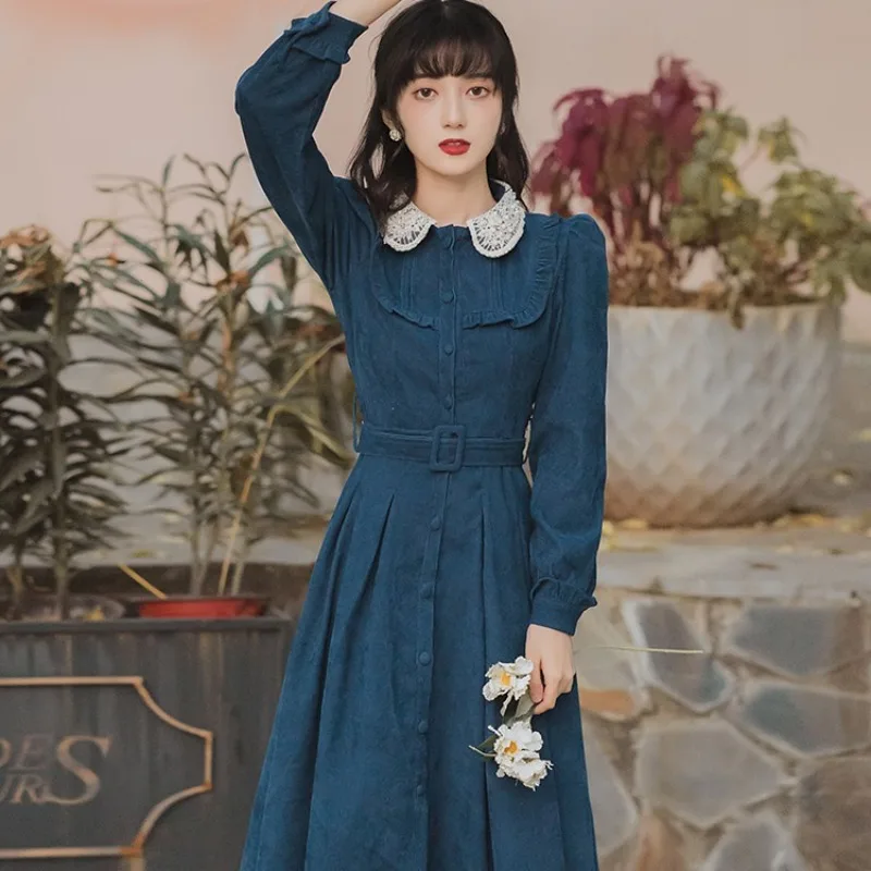 Vintage Woman Blue Corduroy Dress Retro French Style Lace Peter Pan Collar Loose Casual Lady Dresses With Belt Vestido Festa