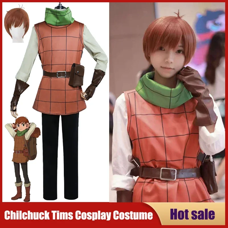 

Anime Delicious Dungeons Meshi Cosplay Chilchuck Tims Costume Vest Shirt Pants Belt Scarf Pouch Gloves Brown Hair Wig Party Com
