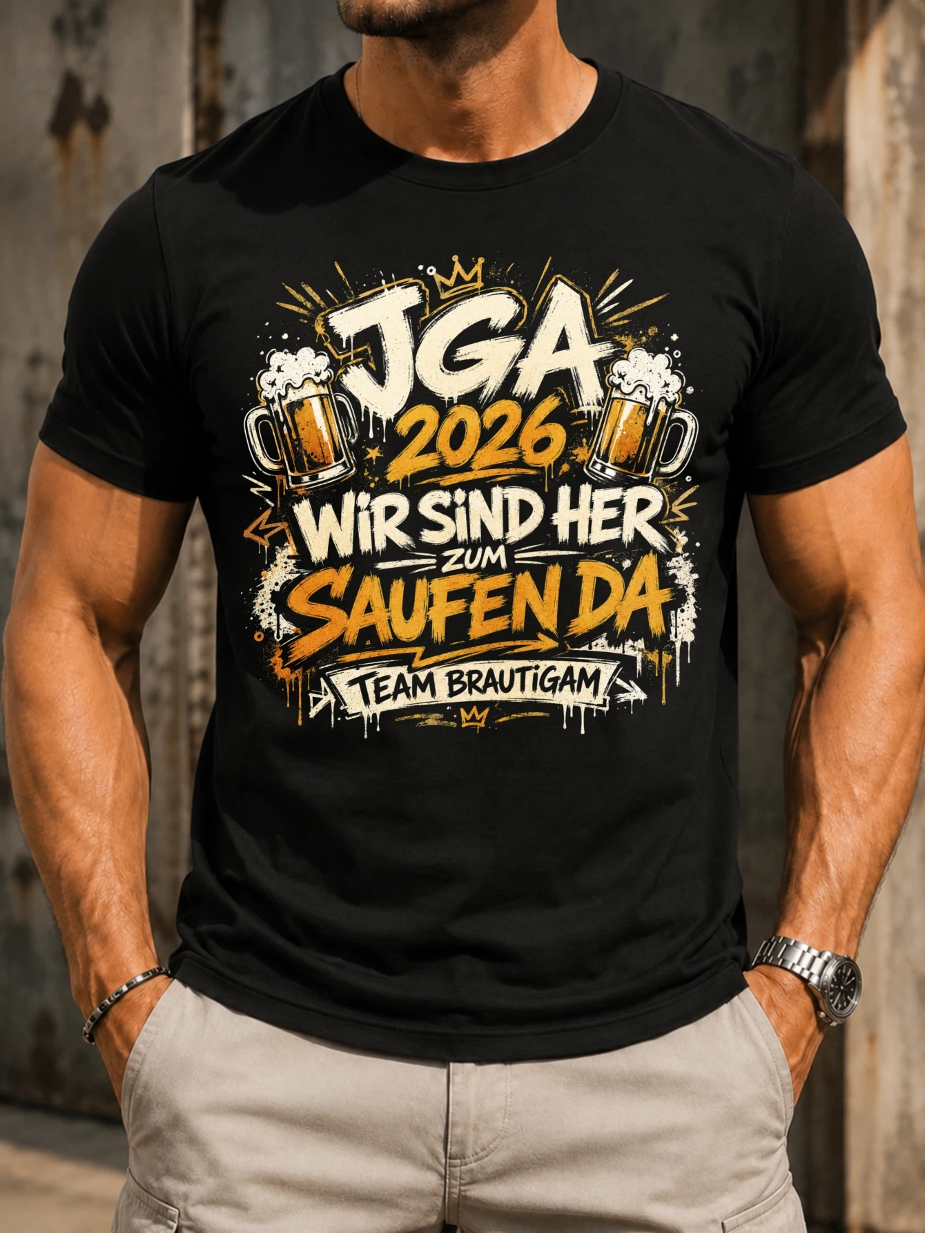 Camiseta Unisex JGA 2026 Wir Sind Her Zum Saufen Da con diseño de cinta de boda y detalles dorados