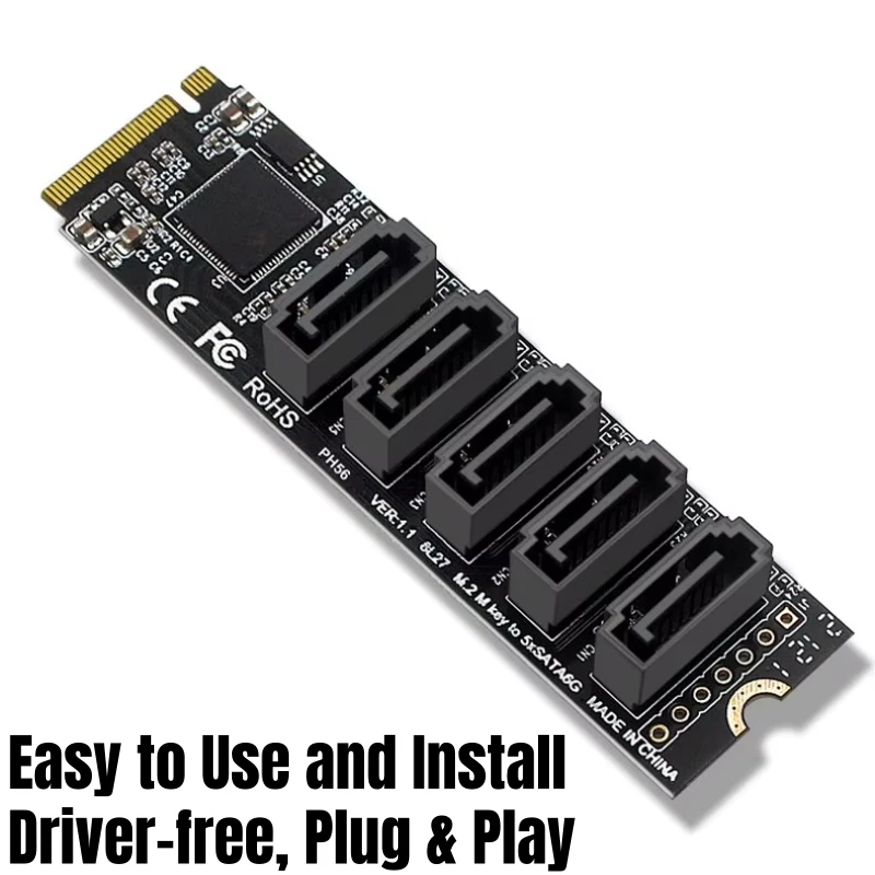 5 portów SATA3.0 SATAIII PCIe M.2 NVME M-KEY 6 Gb/s Karta rozszerzeń dysku SSD HDD JMB585 Chipset, Plug&Play, bez potrzeby sterownika, PH56