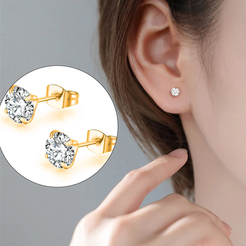 3-7mm 4 Claws Zirconia Crystal Earrings for Women Stainless Steel Gold Silver color Stud Earrings Jewelry Women Accessories