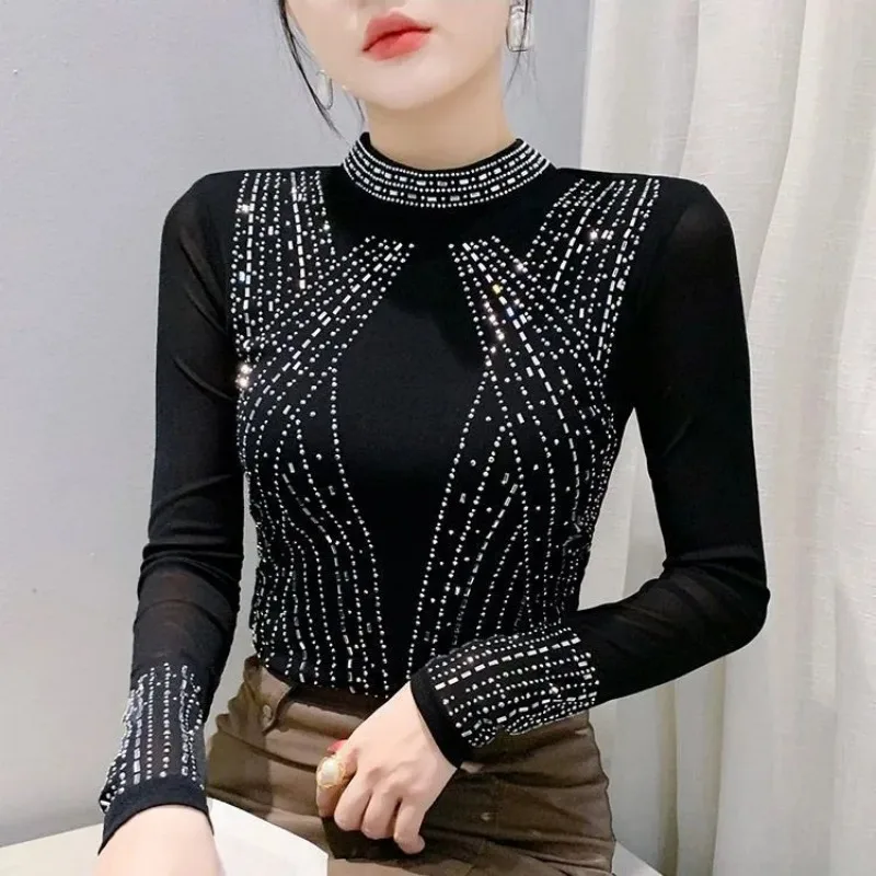 

Autumn Winter Stand-up Collar Hot Mesh Long-sleeved T-shirt For Women Fashion Slim Versatile Top