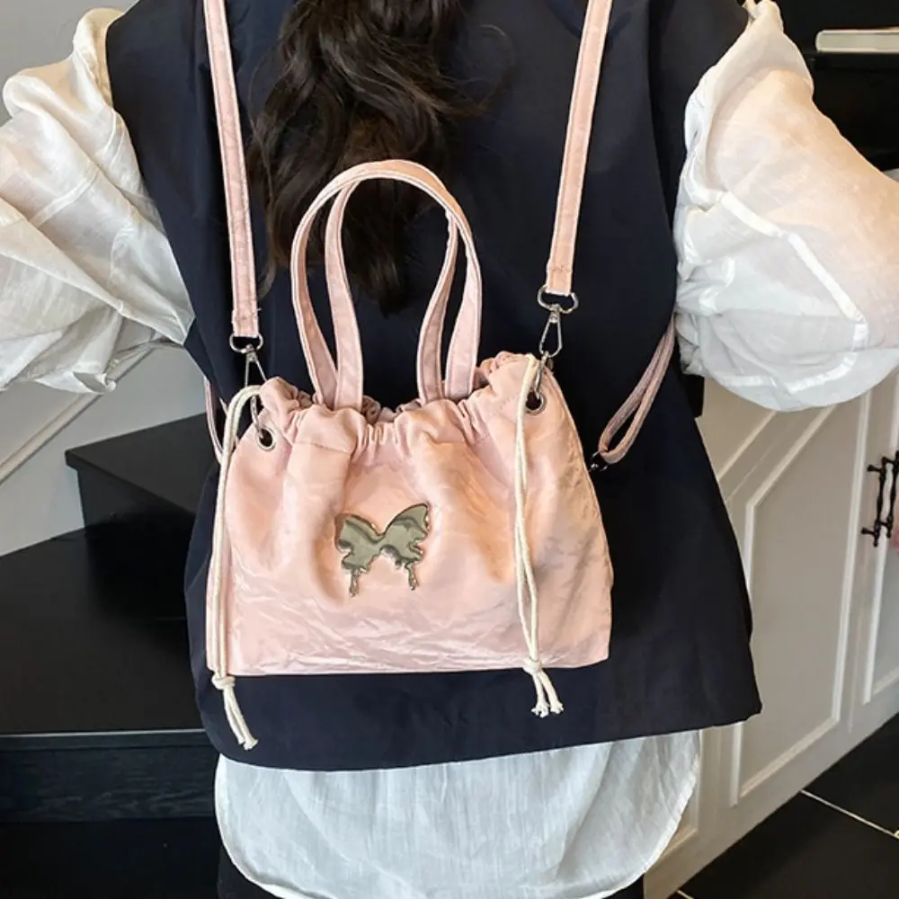 

Magnetic Buckle Silver Butterfly Backpack Butterfly Decor Metal Chain Drawstring Shoulder Bag Pearls Chain Large Capacity