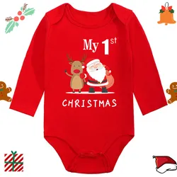 My 1st Christmas Santa Claus Elk Print Newborn, Cute Long Sleeve Romper, Red Cotton Baby Boys, Girls Drum Suit