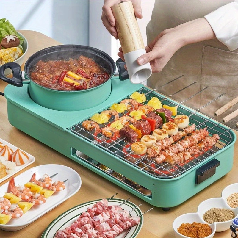 3 in 1 Electric Grill and Hot Pot Portable Smokeless BBQ Hot Pot and Ideal for 3-6 People Multifunctional Teppanyaki Grill Pot