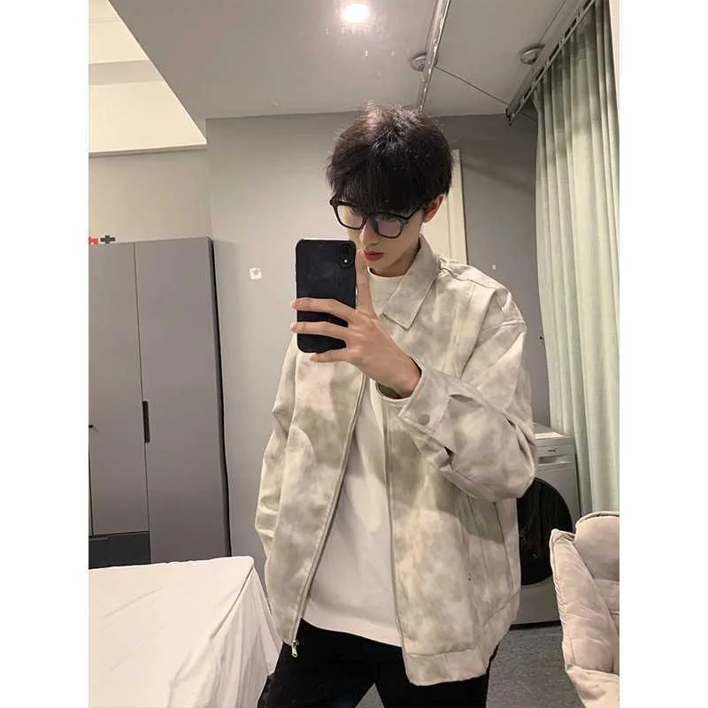 

American Retro Tie Dye Leather Jaet Men's High-End Sle Cool Streetwear Motorcycle Windproof Baseball Coat Long Sve