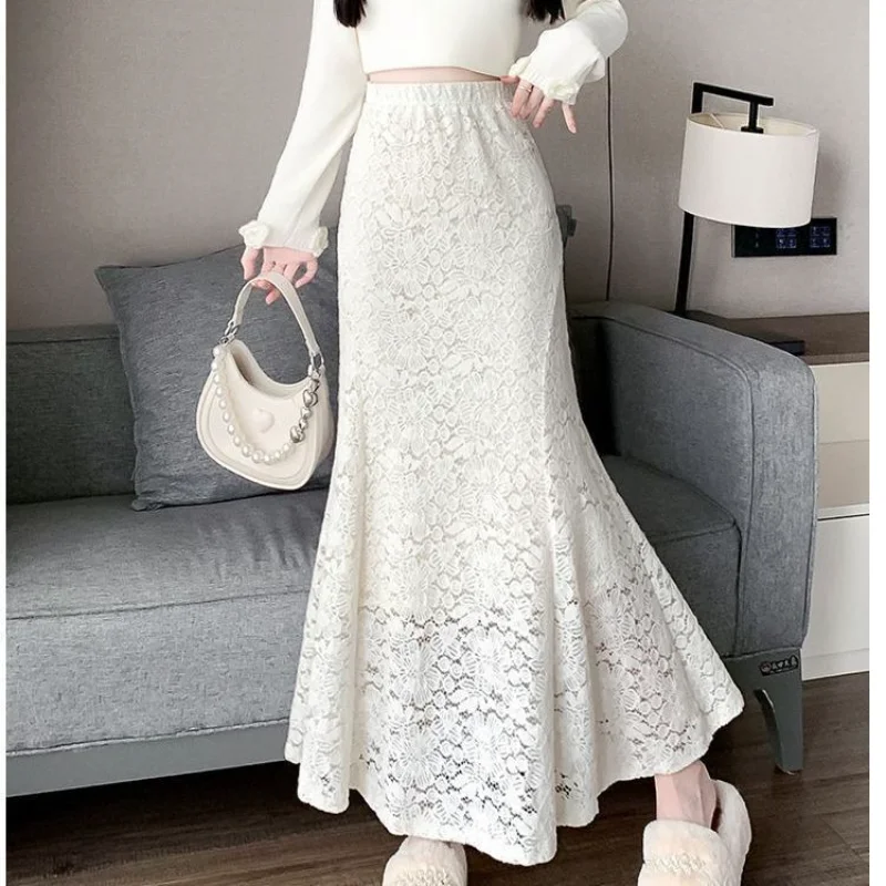 Francês elegante renda mais veludo nádega fishtail saia outono inverno nova moda chique jacquard oco saia longa xq118