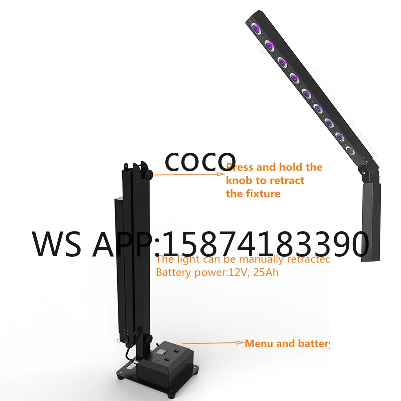 Wireless WIFI DMX RGBWA+UV LED High Mast Light 9x10W Battery Pole Bar Light for Disco Wedding Party Banquet