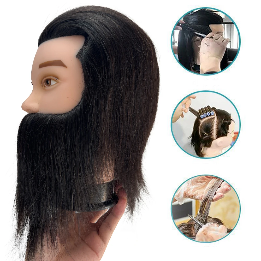 Male Mannequin Head With 100% Real Human Hair Black For Practice Hairdresser Cosmetology Training Doll Head For Hair Styling