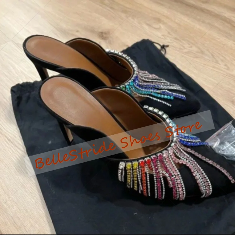 

Colorful Crystal Tassels Pointed Toe Black Slippers Women Shoes Thin High Heels Party Banquet Dating 2025 Zapatos Para Mujere