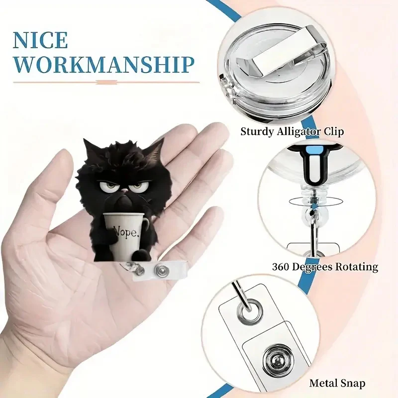 Zabawny klips do identyfikatora z czarnym kotem i kawą, wielofunkcyjne ozdoby, uroczy kreskówkowy kotek 2D z płaskiego akrylu, odpowiedni do samochodów, toreb.