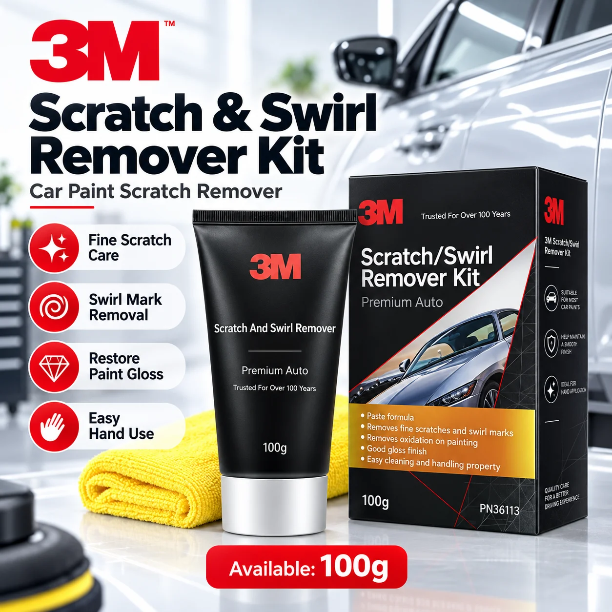 3M PN36113 Car Scratch & Swirl Remover Fine Scratch Polish Paste Restores Paint Gloss for Auto Paint Detailing DIY Repair 100g