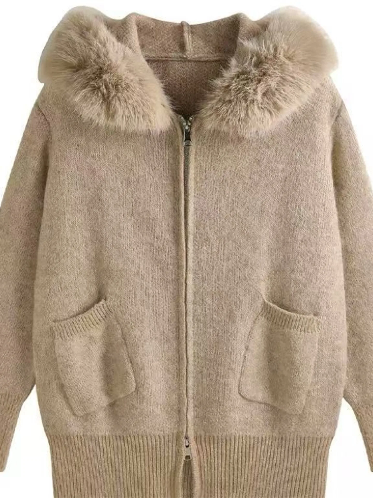 

Корейский свитер-кардиган свободного кроя цвета хаки с молнией, длинный, с юбкой А-силуэта с высокой талией, зимняя верхняя одежда