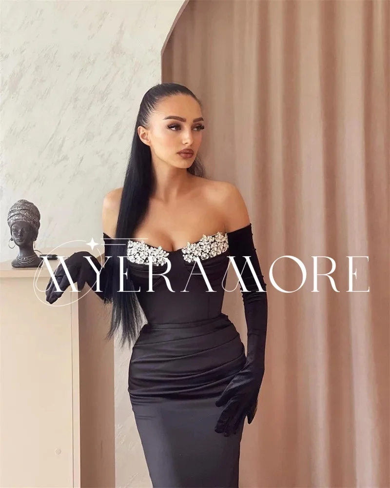 Modern Satin Mermaid Evening Dresses for Women Strapless Long Glove Beadings Long Prom Dresses Customized فساتين سهرة